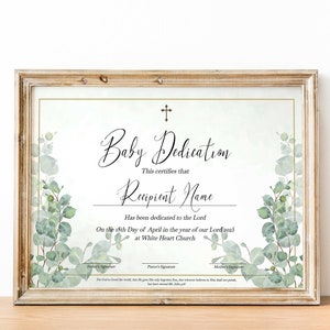 Plantilla de certificado de dedicación de niño de Greenery, dedicación de bebé, certificado de bautismo católico imprimible de bautizo de bebé editable Descargar