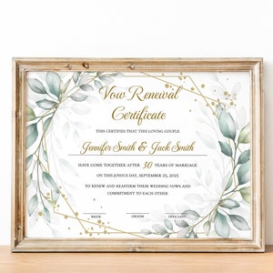 Elegante Zertifikatsvorlage zur Erneuerung des Ehegelübdes, Greenery Ehebindungsurkunde, bearbeitbar, druckbar, Hochzeitsgeschenk, Gelübdeerneuerung, Andenken