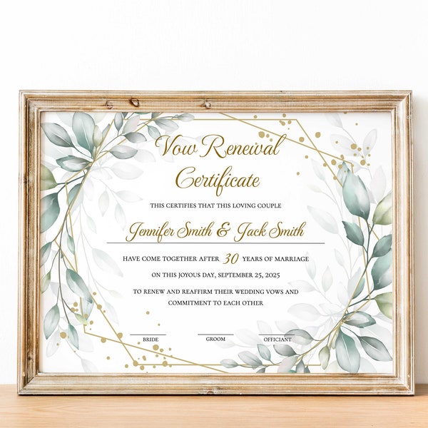 Elegant Vow Renewal Certificate Template, Greenery Marriage Commitment Certificate, Editable, Printable, Wedding Gift, Vow Renewal, Keepsake