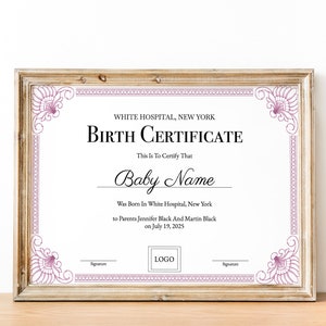 Sjabloon voor geboorteakte, afdrukbare geboorteakte, cadeaubon voor babymeisje, moederschap, ziekenhuisgeboorteakte pasgeboren baby