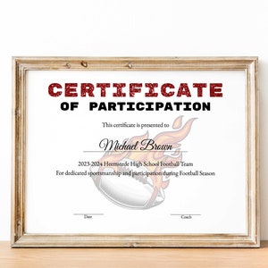Editable American Football Certificate Template, Sports Certificate Award Printable Football Award Certificate, End Of The Season Award