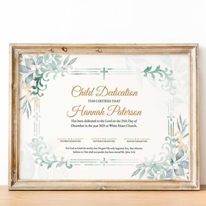 Plantilla de certificado de dedicación infantil personalizada, bautismo, bautizo de niños, vegetación dorada moderna, plantilla de iglesia editable e imprimible