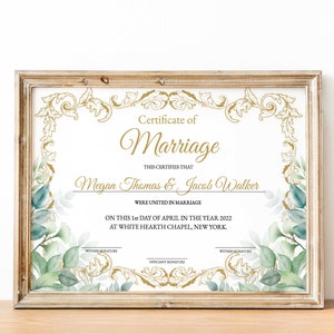 Greenery-Hochzeitsurkunde-Vorlage, bearbeitbares druckbares Hochzeitsandenken, sofortiger Download, goldgrüne Heiratsurkunde, personalisiert