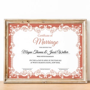 Druckbare Heiratsurkunde-Vorlage für Brautpaare, bearbeitbares Heiratsandenken, personalisiertes Hochzeitsgeschenk für Braut und Bräutigam, Hochzeit