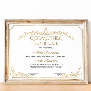 Bearbeitbare Urkundenvorlage für Patin, Pate, Pate, druckbare Taufurkunde, eleganter Gold-Geschenkgutschein, Widmung für ein Kind