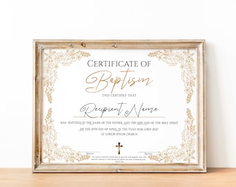 Editable Baptism Certificate Template, Printable Certificate of Baptism ...