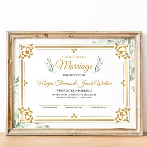 Greenery Hochzeit Zertifikat Vorlage, bearbeitbar druckbare Hochzeit Andenken, sofortiger Download Heiratsurkunde, personalisiert