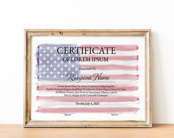 Independence Day Certificate, American Appreciation Certificate, Honoring Military Service Appreciation, Veteran's Certificate, Patriot Day