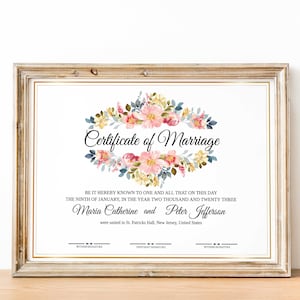 Plantilla de certificado de boda boho, recuerdo de certificado de matrimonio editable, certificado de boda de óxido, certificado de ceremonia de matrimonio floral