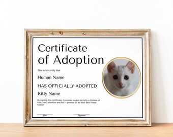 Edytowalny certyfikat adopcji kota i psa, szablon certyfikatu adopcji zwierząt, wydrukowany certyfikat przyjęcia adopcyjnego dla zwierząt, przyjęcie urodzinowe dla kota