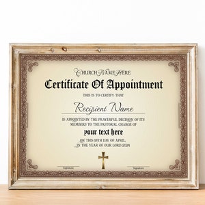 Plantilla de certificado de nombramiento editable, certificado de nombramiento de obispo pastor imprimible, certificado de iglesia de nombramiento de pastor ordenado
