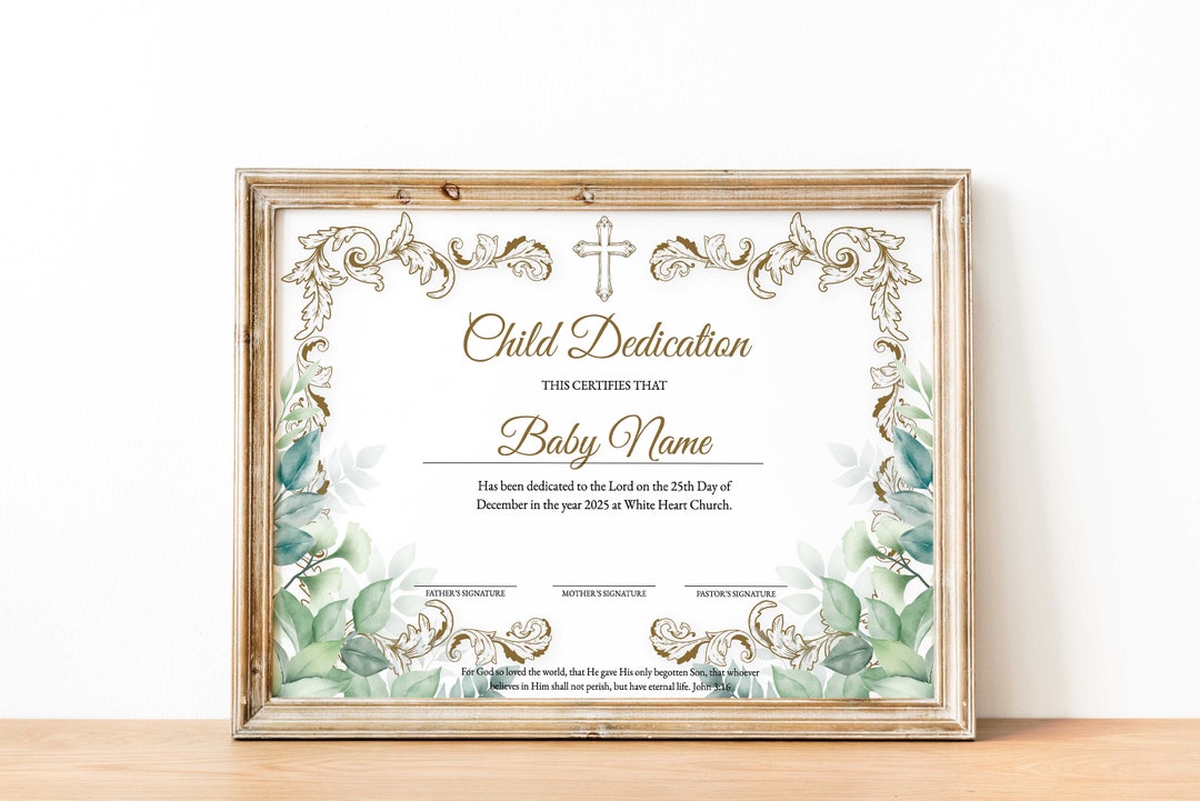 Personalized Child Dedication Certificate Template, Baptism, Children ...