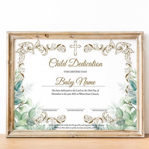 Plantilla personalizada de certificado de dedicación infantil, bautismo, bautizo de niños, vegetación dorada moderna, plantilla de iglesia imprimible editable
