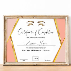 Editable Lash Certificate Of Completion Template, Printable Lash Extension Certificate, Lash Course Certificate Eyelash Techs Template