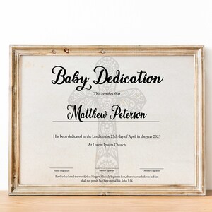 Certificado de dedicación de bebé, plantilla de certificado de dedicación de bebé niña, regalo de bautismo editable 11x8.5, dedicación de bautizo de bebé imprimibles