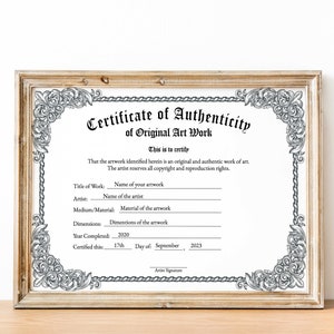 Certificate Of Authenticity For Artwork, Editable Certificate Of Authenticity Template, Printable Authencity For Artwork Artist CoA Template
