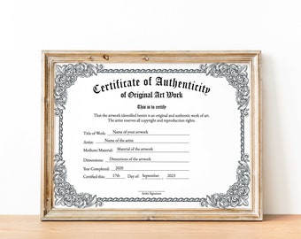 Certificate Of Authenticity For Artwork, Editable Certificate Of Authenticity Template, Printable Authencity For Artwork Artist CoA Template