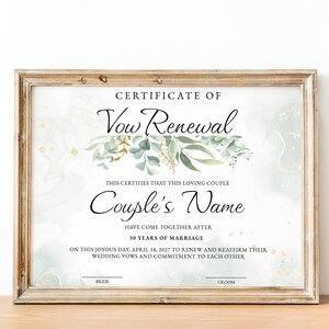 Gelübde-Erneuerungsurkunde, bearbeitbare, druckbare Hochzeitsurkunde-Vorlage, Greenery-Gelübde-Erneuerungsgeschenk, Ehegelübde-Erneuerungsurkunde