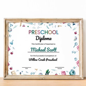 Printable Kindergarten Diploma, Editable School Diploma Certificate, School Graduation Certificate, Last Day of School Diploma Certificate