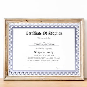 Certificat d&#39;adoption pour notre famille, modèle de certificat d&#39;adoption imprimable modifiable, certificat-cadeau pour belle-mère élégante, téléchargement
