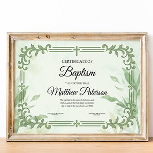 Certificado de bautismo imprimible editable, bautismo, bautizo de bebés, vegetación dorada moderna, descarga de plantillas de iglesia imprimibles editables, verde