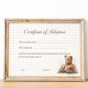 Adoption Certificate For Stuffed Animal, Teddy Bear Adoption Certificate, Teddy Bear Picnic Decor, Adopt a Teddy, Instant Download, Digital