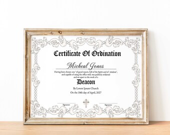 Ordained Deacon, Certificate of Ordination, Gospel Ministry Certificate Template, Printable Ordained Minister, DIY Editable Certificate