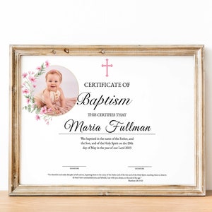 Plantilla de certificado de bautismo de niña con foto, ceremonia de dedicación de bautizo de bautismo, plantilla de iglesia personalizada imprimible editable