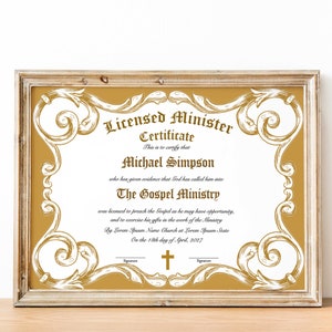 Plantilla de licencia editable para predicar, certificado de licencia imprimible, licencia de ministro, descarga de plantilla de certificado de ministro elegante