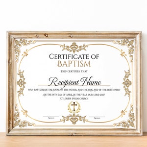 Plantilla de certificado de bautismo editable, certificado de bautismo imprimible, certificados de bautismo de bebé personalizados, plantilla de iglesia imprimible