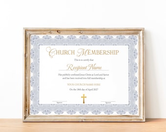Plantilla de certificado de membresía de la iglesia, certificado de membresía imprimible editable, descarga de plantillas de formulario de iglesia para nuevos miembros