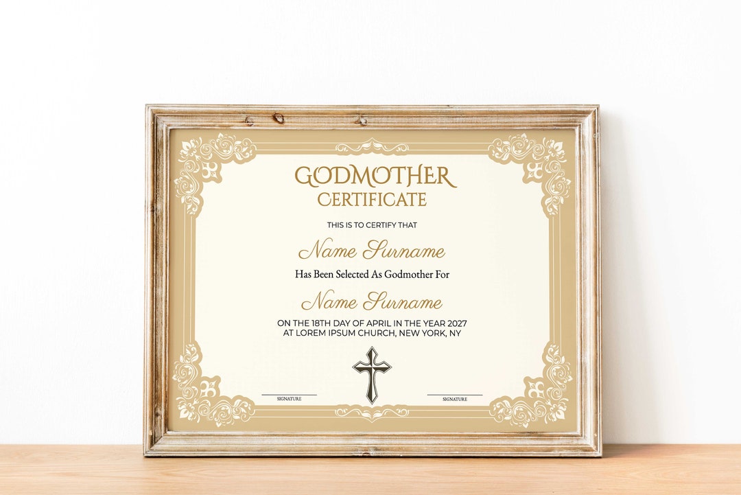 Godmother Certificate Template 100% Editable Gold Elegant Godparent
