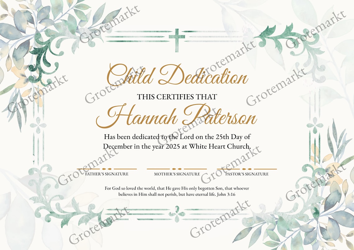 Personalized Child Dedication Certificate Template, Baptism, Children ...