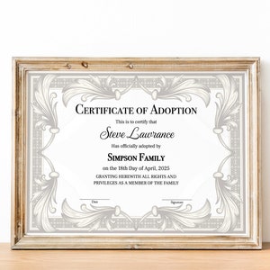 Certificat d&#39;adoption pour notre famille, modèle de certificat d&#39;adoption imprimable modifiable, certificat-cadeau pour belle-mère élégante, téléchargement