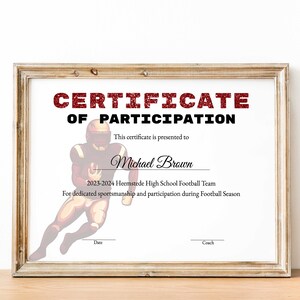 End of Season American Football Award, Editable Football Award Certificate, Team Party Award Certificate, Football Participation, MVP Sports