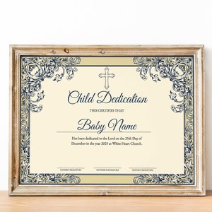 Plantilla personalizada de certificado de dedicación infantil, bautismo, bautizo de niños, bautismo de oro, certificado de iglesia imprimible editable, azul