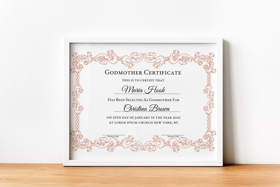Editable Godmother Certificate Template, Printable Baptism Certificate ...
