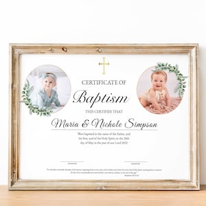 Plantilla de certificado de bautismo para gemelos con fotos, certificado de bautismo, verde dorado, certificado de bautizo, personalizado, bautismo de hermanos