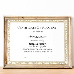 Certificat d&#39;adoption dans notre famille, modèle de certificat d&#39;adoption imprimable modifiable pour beaux-parents, certificat-cadeau pour belle-mère à télécharger
