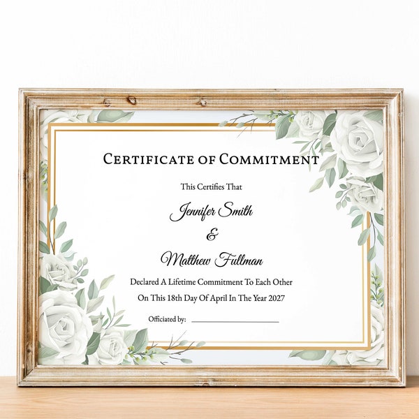 Certificate Of Commitment Editable Template, Personalized Greenery Marriage Commitment Certificate, Printable Custom Wedding Keepsake