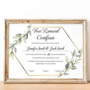 Certificado de renovación de votos, plantilla de certificado de boda de oro editable, regalo de renovación de votos verdes, certificado de renovación de votos matrimoniales imprimible