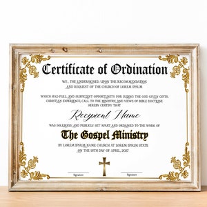 Plantilla de certificado de ordenación, Plantilla de certificado del ministerio del Evangelio, Certificado de ordenación editable, Certificado de iglesia imprimible