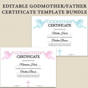 Plantilla de certificado de madrina, certificado de padrino editable, paquete de certificado de padrinos imprimible, plantilla de certificado de regalo de bautismo