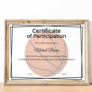Bearbeitbare Basketball-Zertifikatsvorlage, druckbare Zertifikatsvorlage, Basketball-Zertifikatsvorlage Personalisiertes Diplom-Zertifikat