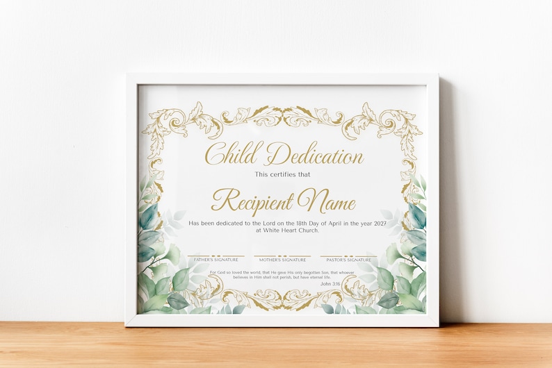 Baby Dedication Certificate Template, Modern Gold Greenery Baby ...