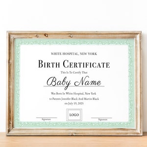Geboorteakte sjabloon, afdrukbare geboorteakte, moederschap baby cadeaubon, ziekenhuis geboorteakte pasgeboren certificaat