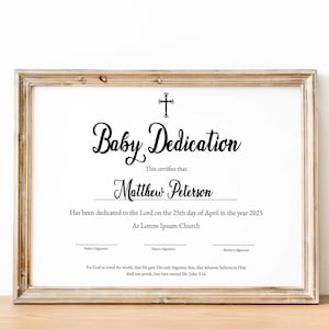 Plantilla de certificado de dedicación de bebé moderno, dedicación de niño editable, certificado de bautismo imprimible, descarga instantánea, simple, bautizo
