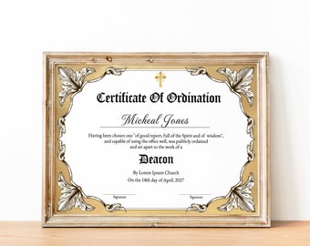 Deacon Ordination Certificate, Elegant Ordination Certificate, Printable Editable Certificate of Ordination Template, Ministry Certificate