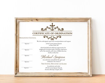 Editable Ordination Certificate Template, Printable Certificate of Ordination Gospel Ministry Elder Certificate Download, Pastor Certificate