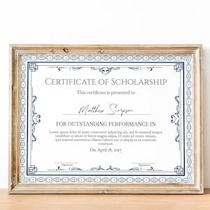 May include: A framed certificate of scholarship with a blue and white border. The certificate is presented to Matthew Simpson for outstanding performance in [subject] on April 18, 2027.